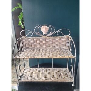 Coastal Wicker & Metal Two-Tier Shelf | French Country Cottage Decor Seashell